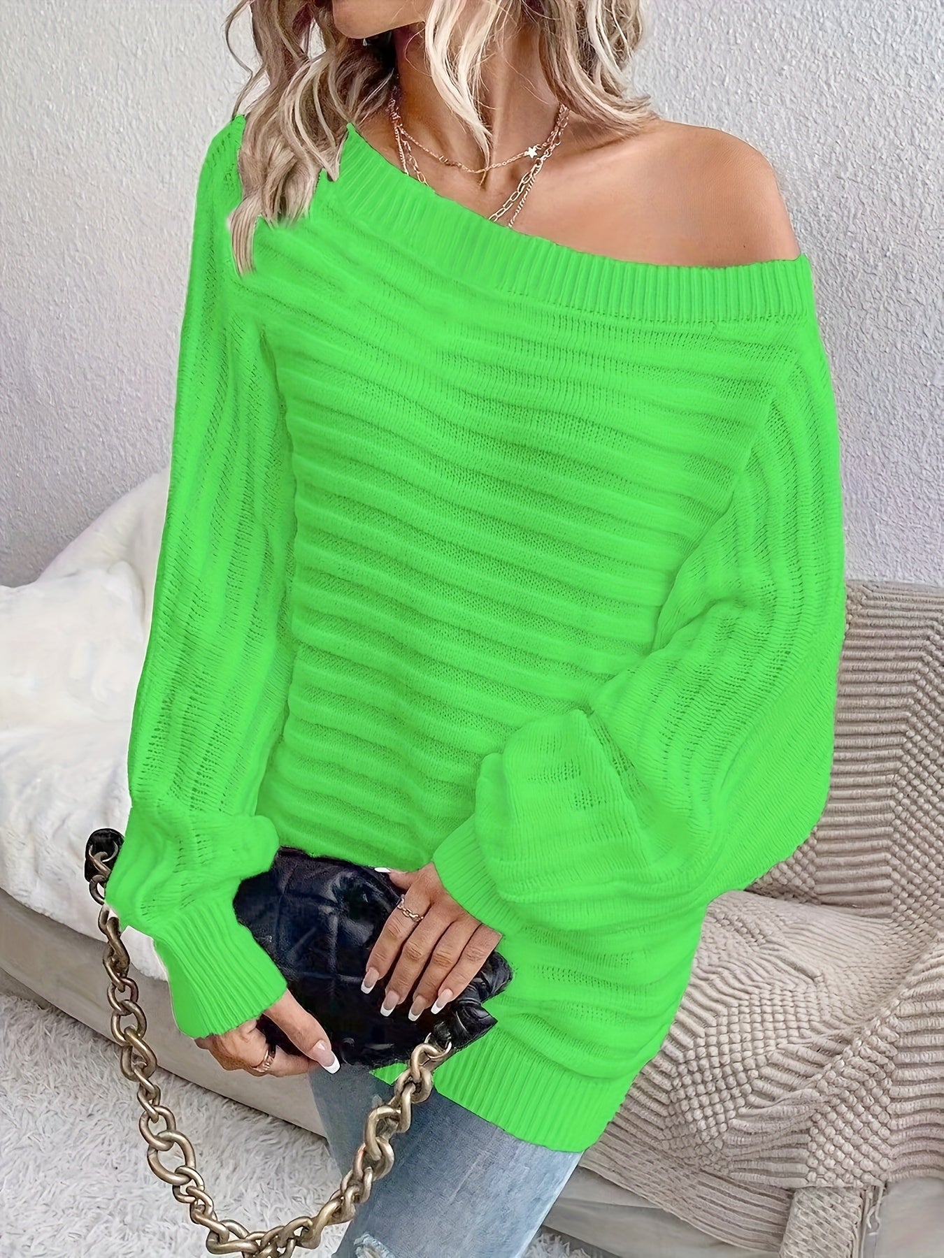 Elegant Off-Shoulder Knit Sweater for Women - Chic Solid Color, Cozy Acrylic Pullover with Lantern Sleeves, Casual & Stylish, Perfect for Fall/Winter - Hand Washable